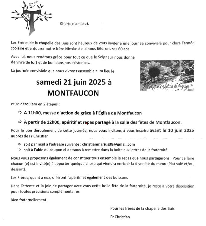 INVITATION samedi 21 juin Montfaucon JOURNÉE CONVIVIALE de fin d’année scolaire et FÊTE des 60 ans de frère NICOLAS !